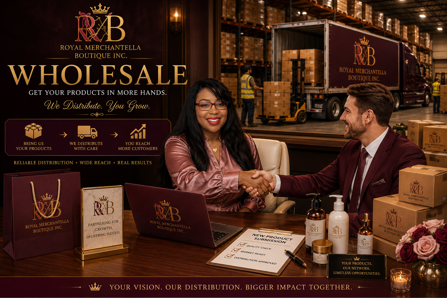 Royal Merchantella Boutique Inc — Wholesale Distribution. We Distribute. You Grow. Your Vision. Our Distribution. Bigger Impact Together.